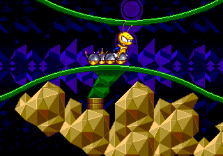 Un niveau de segapede avec une sorte de mille-patte robotique dans un environnement de grotte magique (hidden palace zone de Sonic 2)